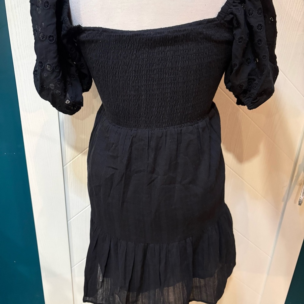 Black eyelet puff-sleeve cottagecore mini dress | romantic vintage Small - Picture 6 of 6